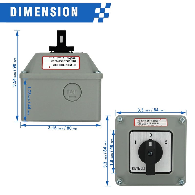 Keymoo 25A Rotary Changeover Switch with Exterior Box for Solar Power System, 3 Position 2 Phase 8 Terminals, 2-Way 2NO 2NC Universal Selector Switch 25/D202.2D - Image 3